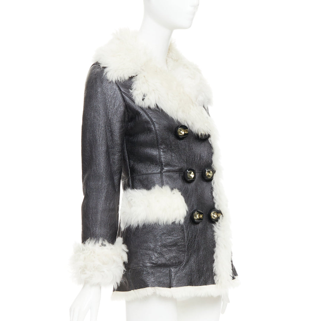 PRADA 2009 Vintage cream sheep fur black leather crystal buttons coat IT36 XXS
