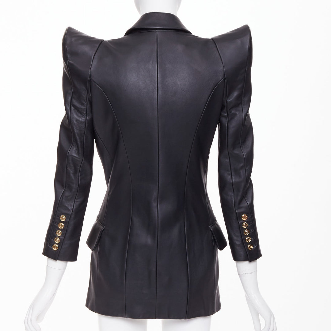 BALMAIN black lambskin leather gold buttons Pagoda shoulders jacket FR34 XS