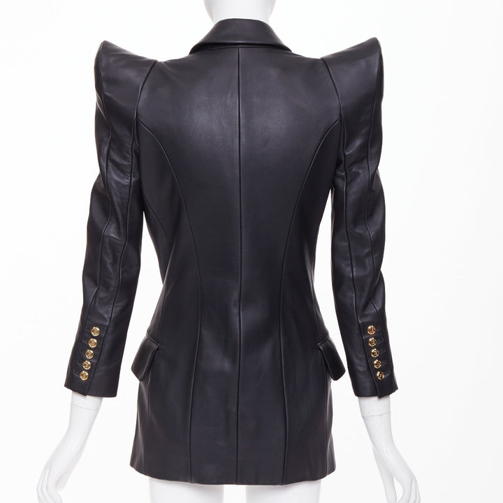 BALMAIN black lambskin leather gold buttons Pagoda shoulders jacket FR34 XS
