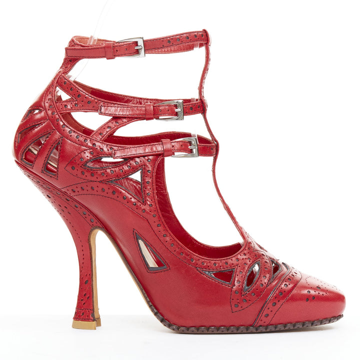 CHRISTIAN DIOR John Galliano Vintage red caged T-strap pump heels EU37