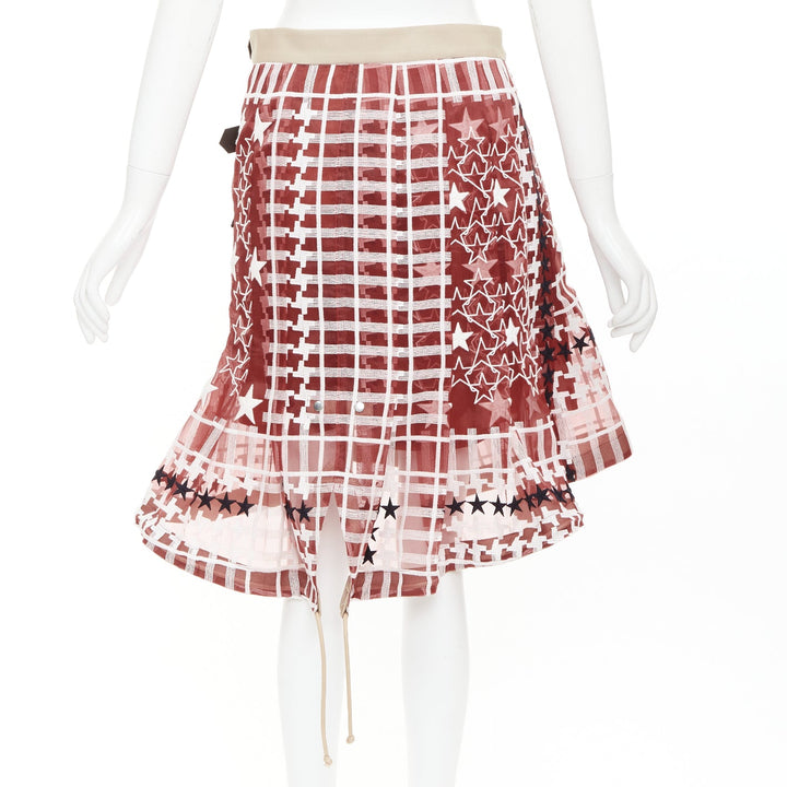 SACAI 2017 red white houndstooth star check sheer leather buckle wrap skirt JP2