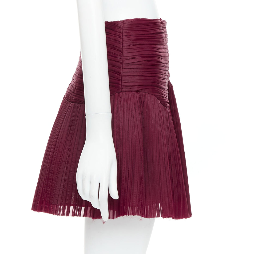 AJE Laurier Wave burgundy plisse organza high waist mini skirt UK6 XS