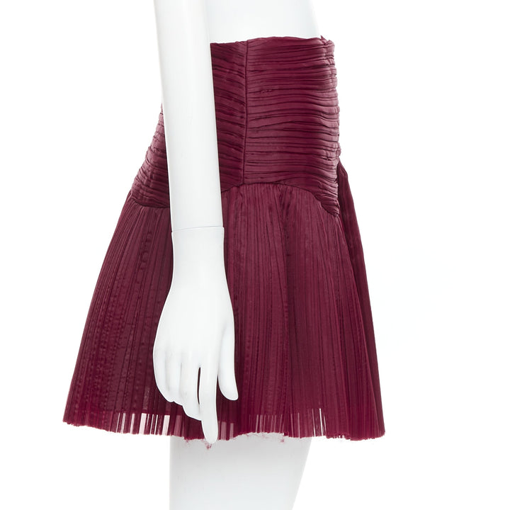 AJE Laurier Wave burgundy plisse organza high waist mini skirt UK6 XS