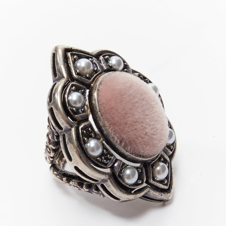 GUCCI Alessandro Michele pink velvet distressed silver oversized cocktail ring