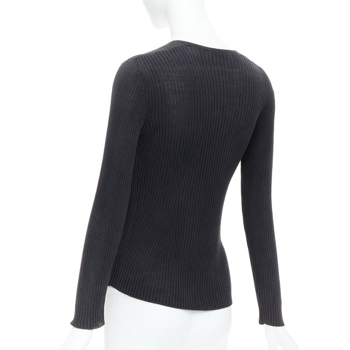 PRADA black 100% silk classic minimal ribbed Vneck long sleeve top IT42 M