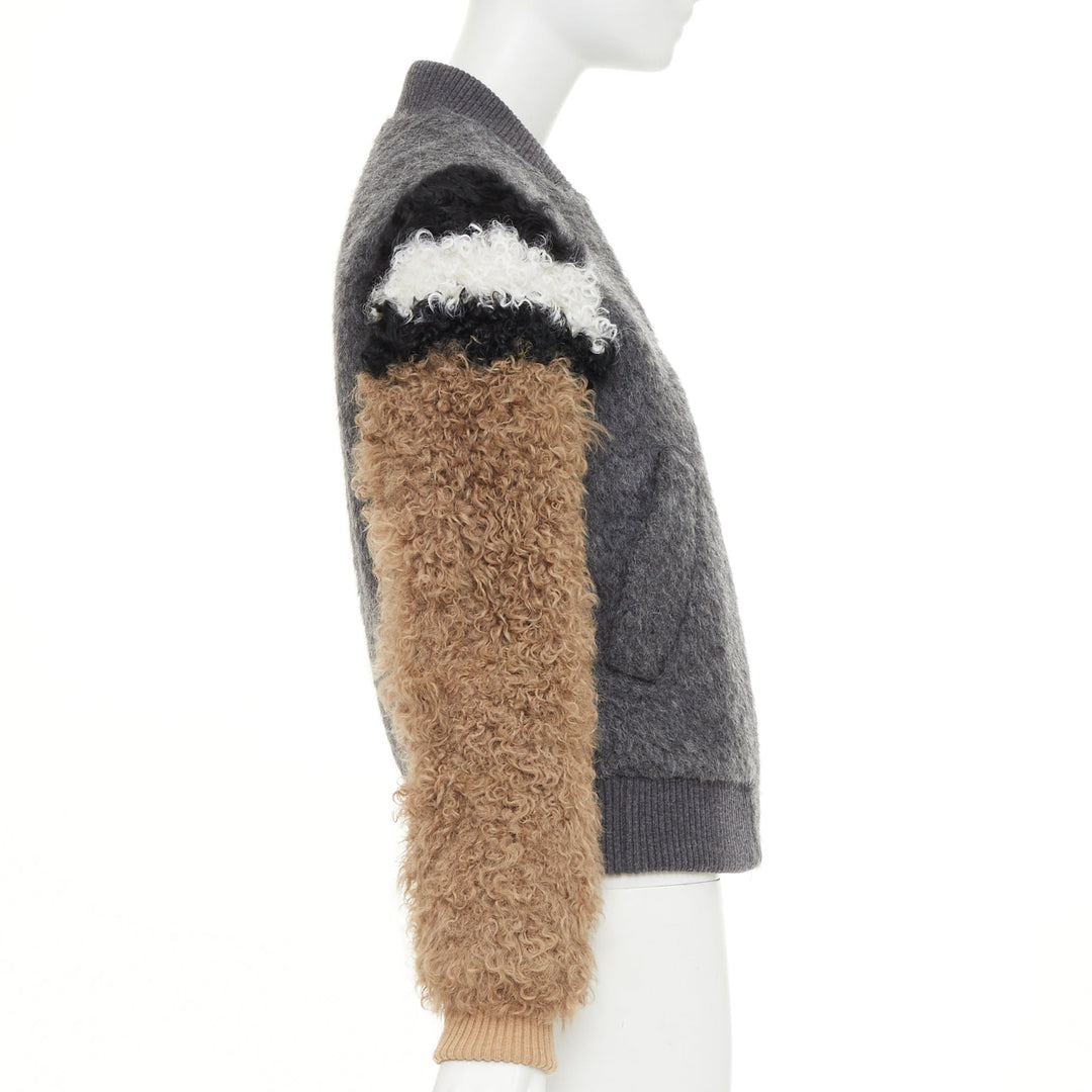 NO. 21 grey tan brown alpaca mohair blend fluffy sleeve  bomber jacket IT40 S