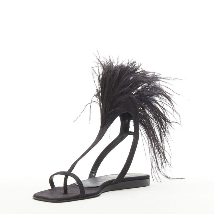 rare HELMUT LANG Vintage black feather trim T-strap open toe flat sandals EU36