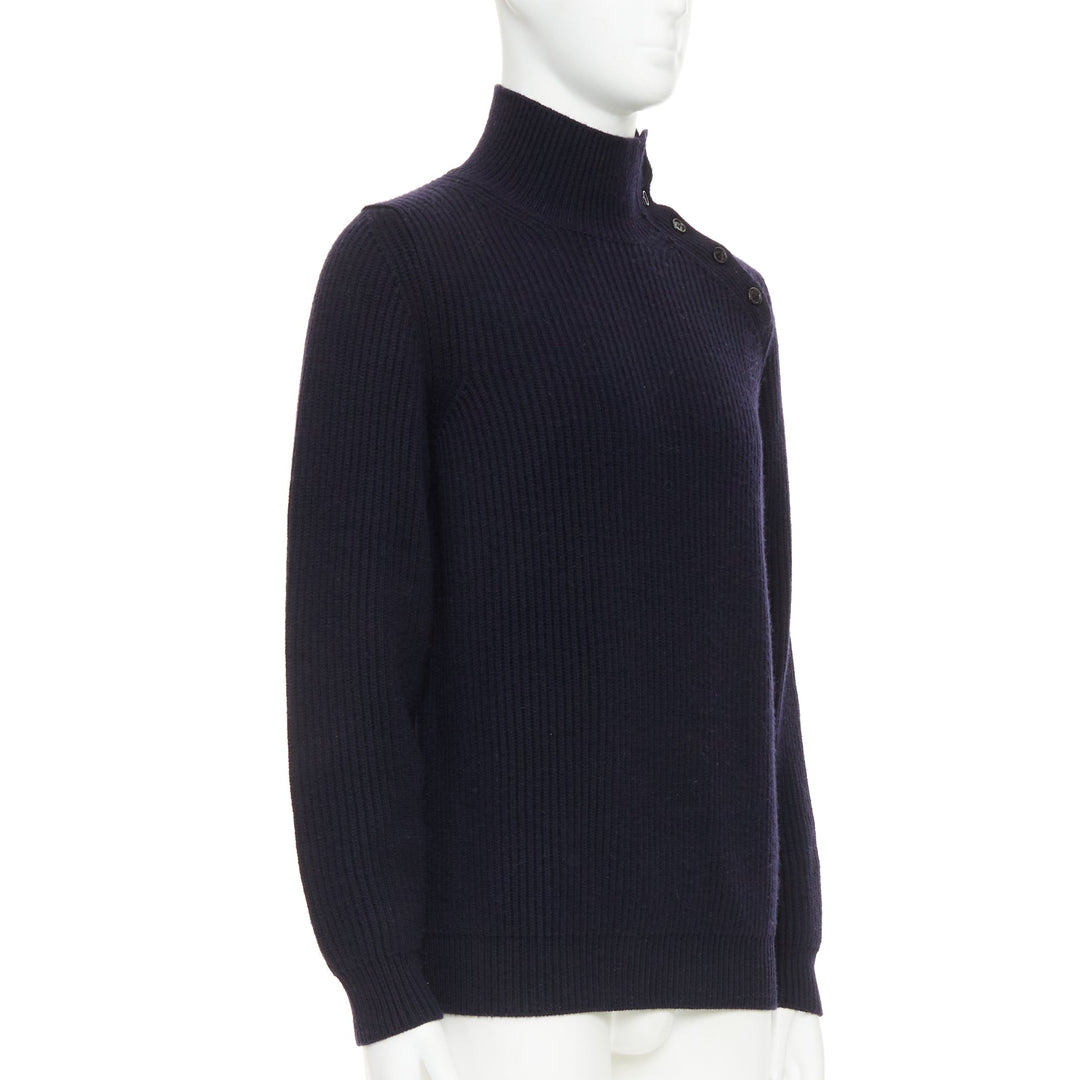 BRIONI 100% cashmere navy leather trim side button sweater IT48 M