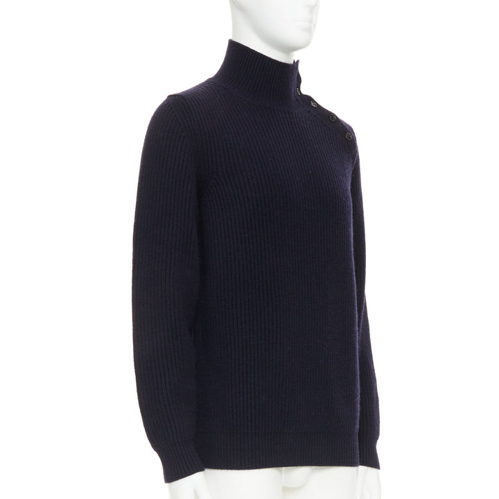 BRIONI 100% cashmere navy leather trim side button sweater IT48 M