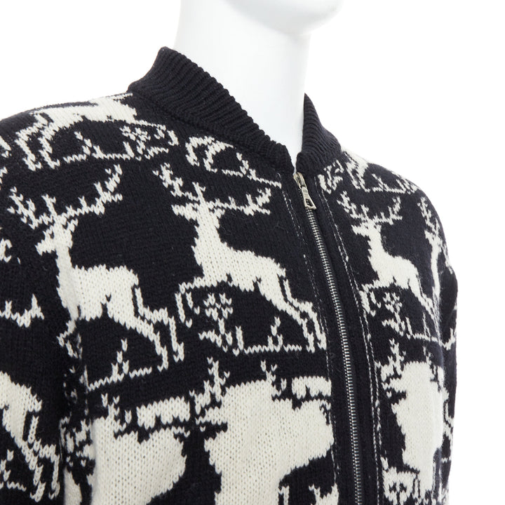 DRIES VAN NOTEN black white wool reindeer intarsia zip up jacket M