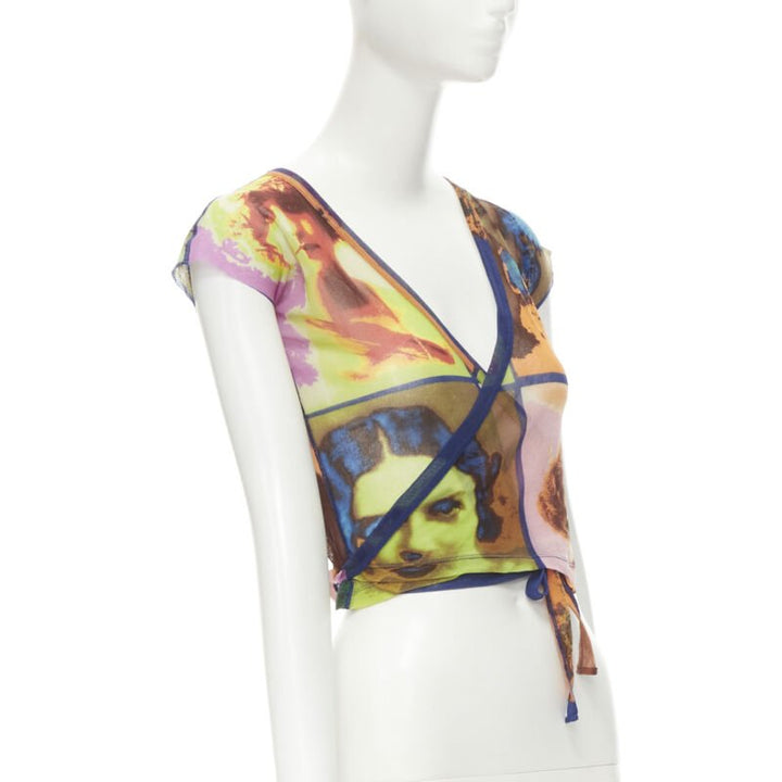 JEAN PAUL GAULTIER Soleil Vintage 2002 Portaits print sheer wrap tie top shirt M