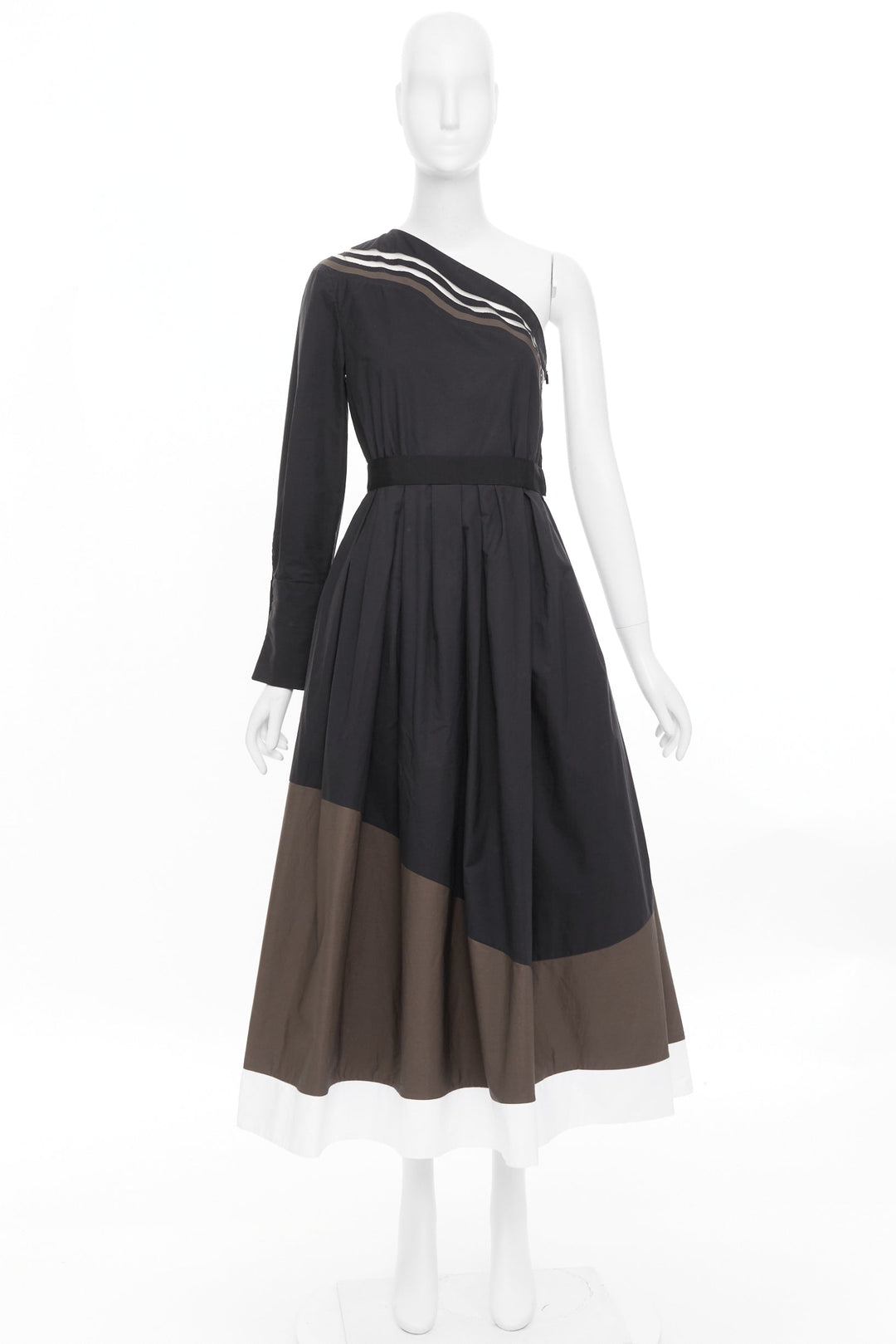 FENDI Wave one shoulder colorblock asymmetric striped pleated dress IT40 S
