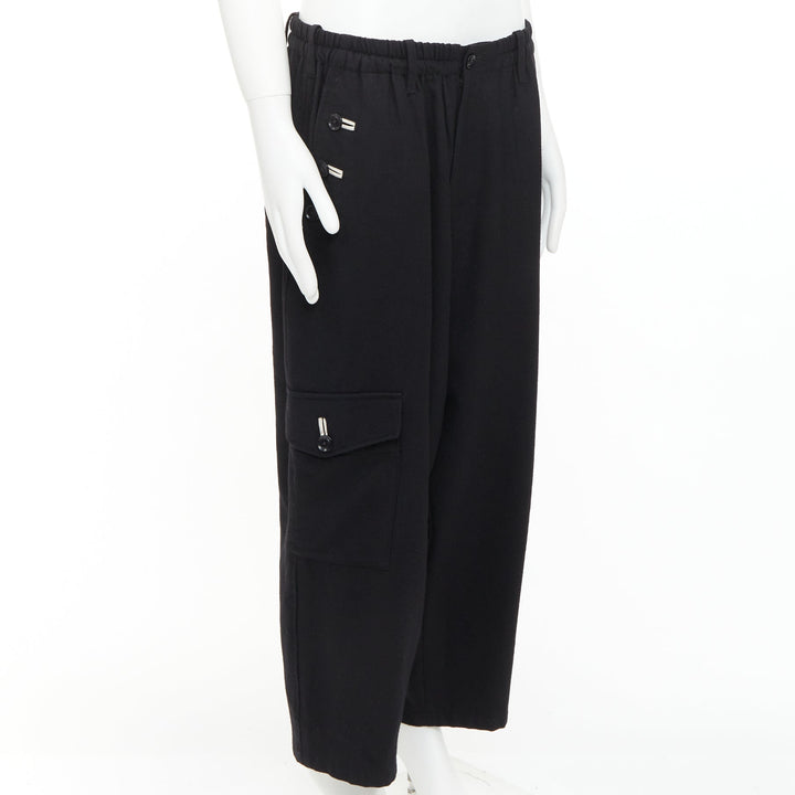 YOHJI YAMAMOTO black wool white cotton trim buttons wide leg pants JP3 L