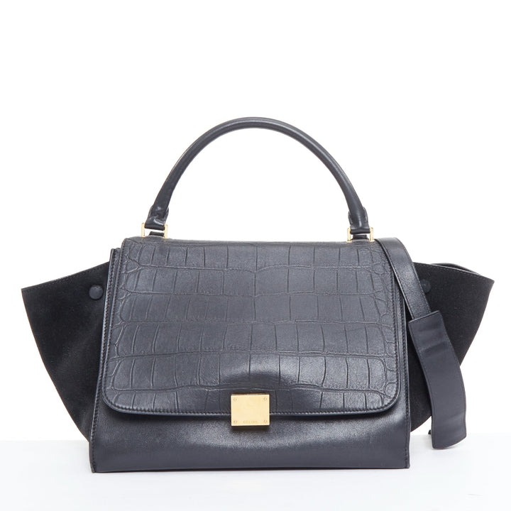 CELINE Phoebe Philo Trapeze black mock croc gold hardware tote bag