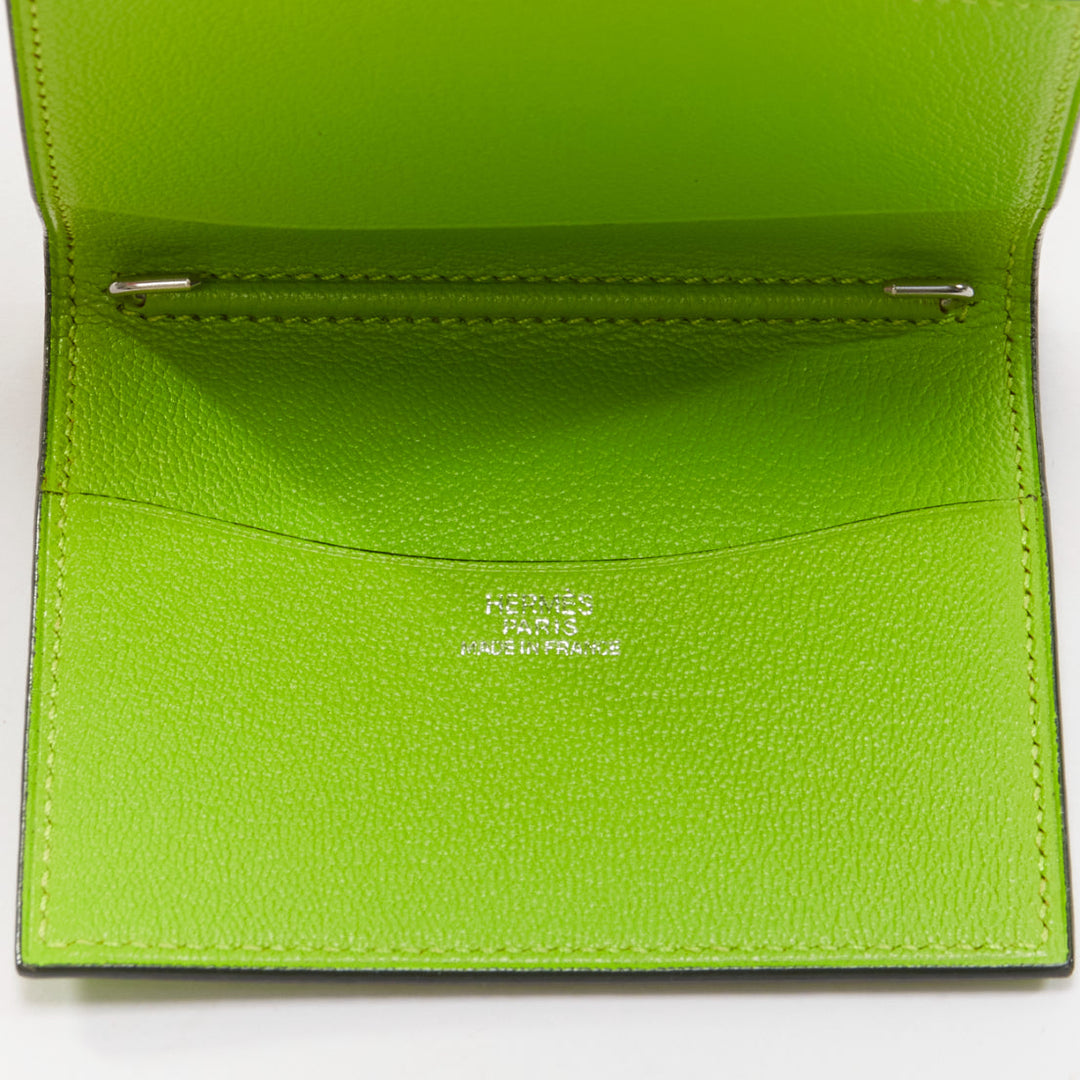 HERMES neon green smooth leather silver hardware bifold cardholder