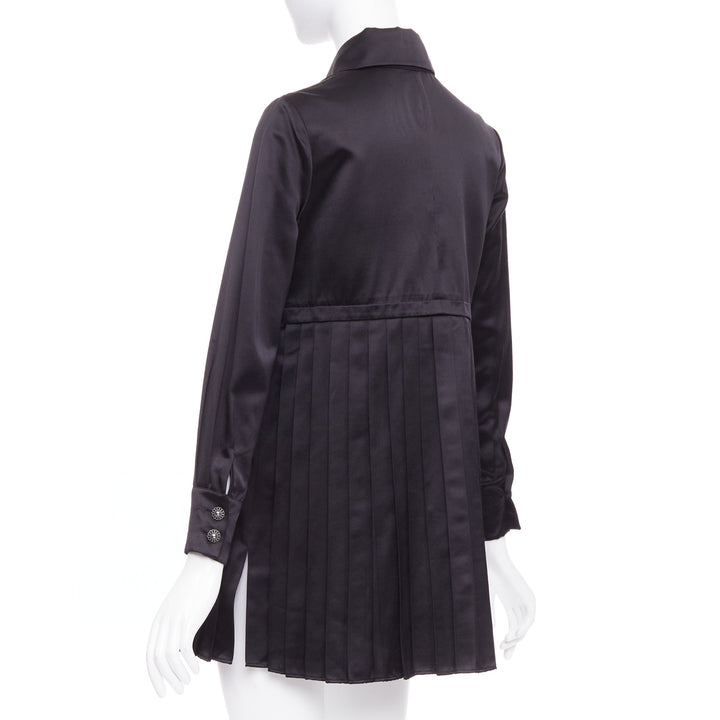 CHANEL black 100% silk pocketed gun flap pleated tunic shirt dress FR34 XS