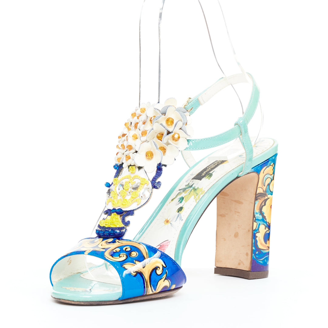 DOLCE GABBANA Majolica print floral embellished  T-strap high heel sandals EU39