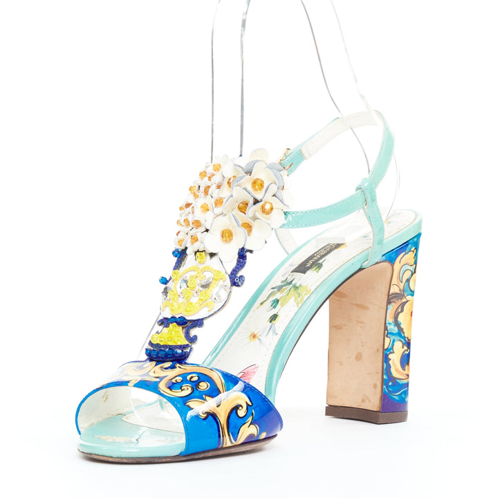DOLCE GABBANA Majolica print floral embellished  T-strap high heel sandals EU39