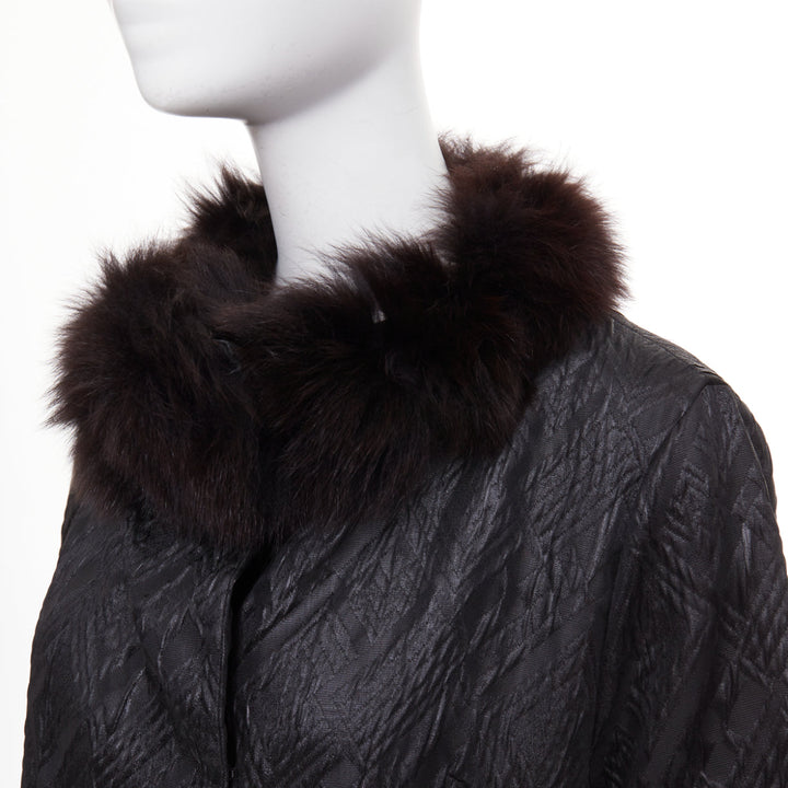 ADAM JONES 2004 black textured brocade real fur trim crystal buckle coat FR38 M