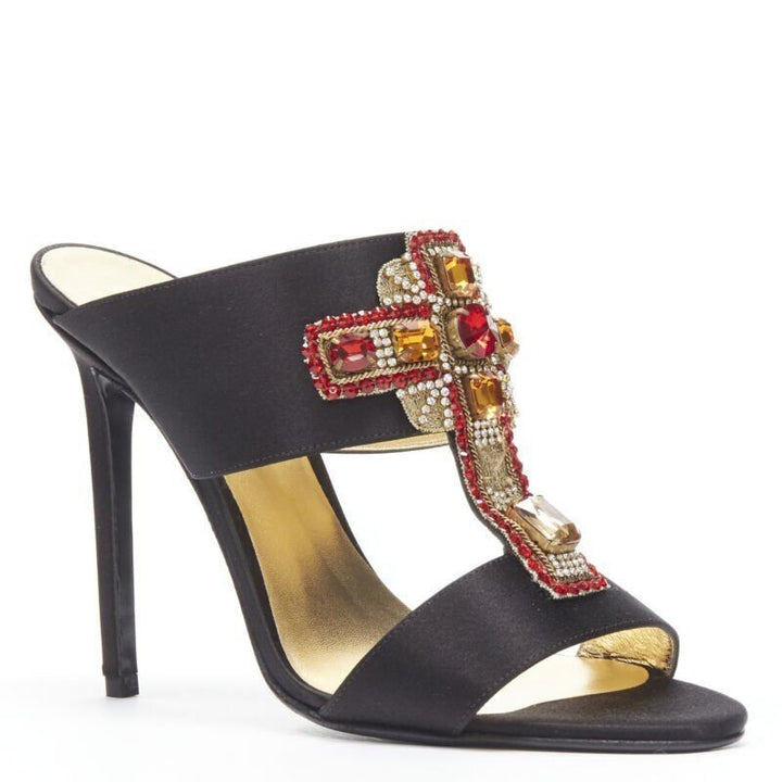 VERSACE 2018 Tribute Byzantine Cross Jewel crystal black satin sandals EU38