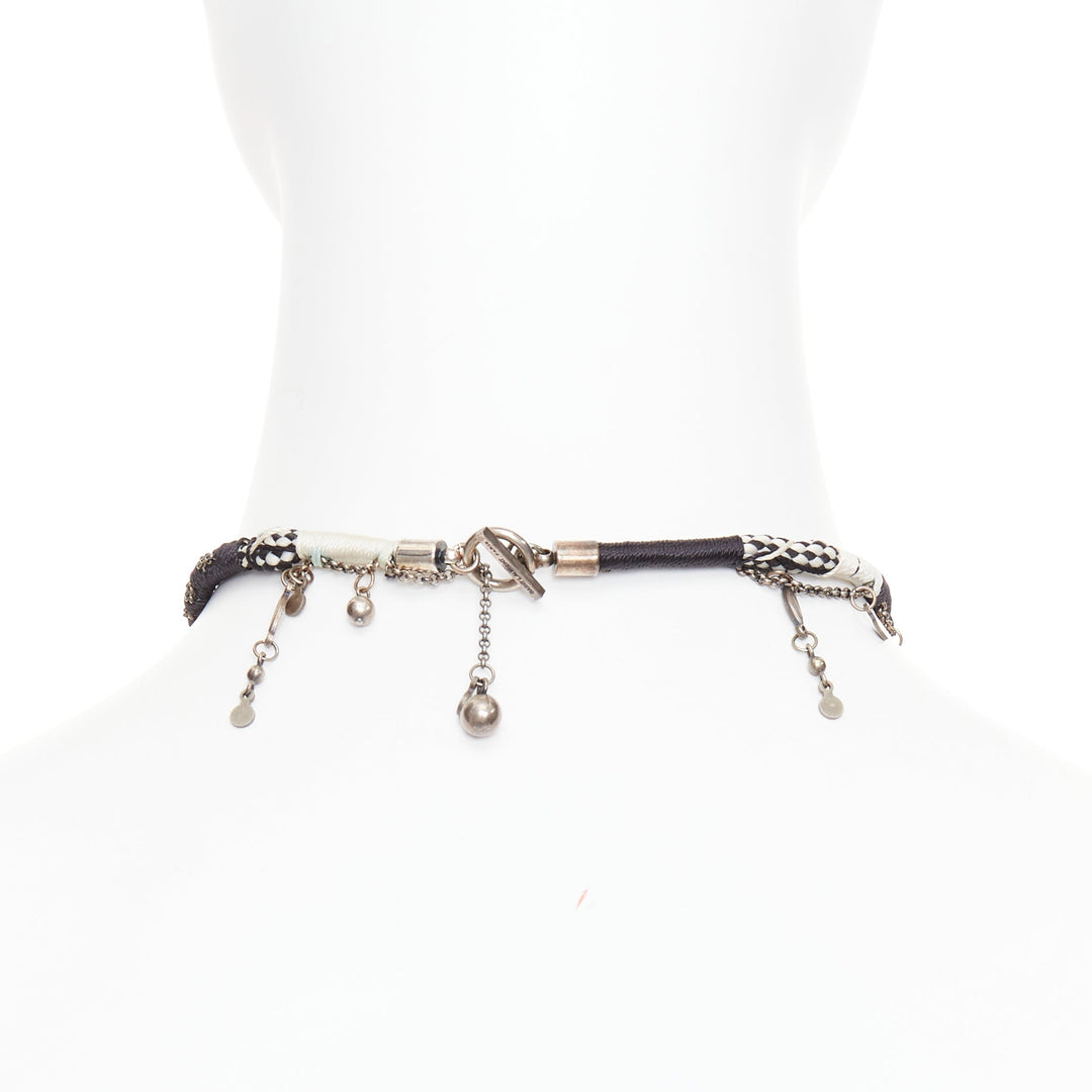 SAINT LAURENT black white braided tribal ball charms choker necklace
