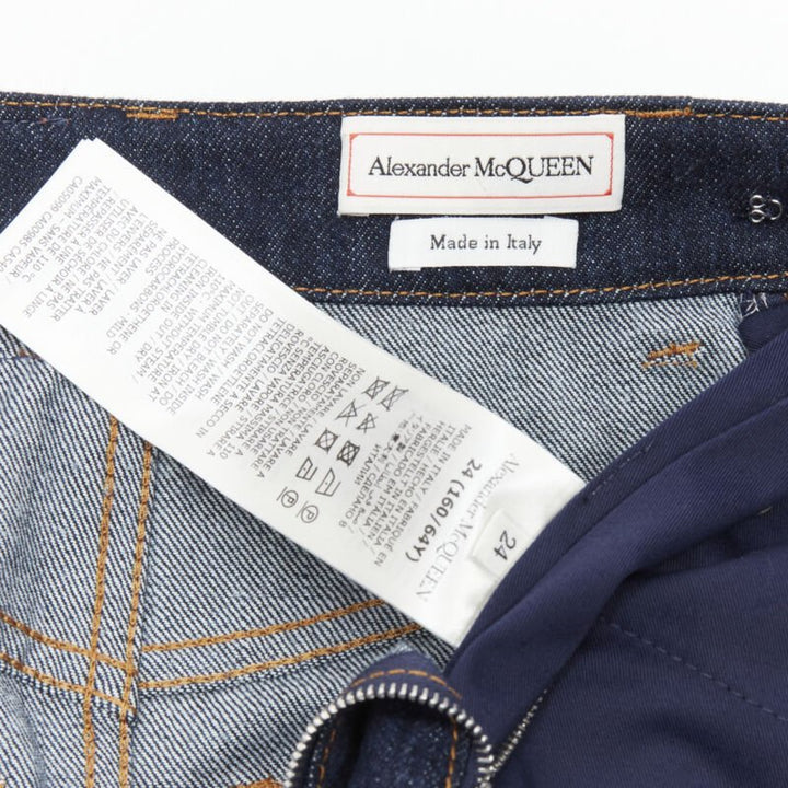ALEXANDER MCQUEEN blue denim double waistband logo patch layered shorts 24"