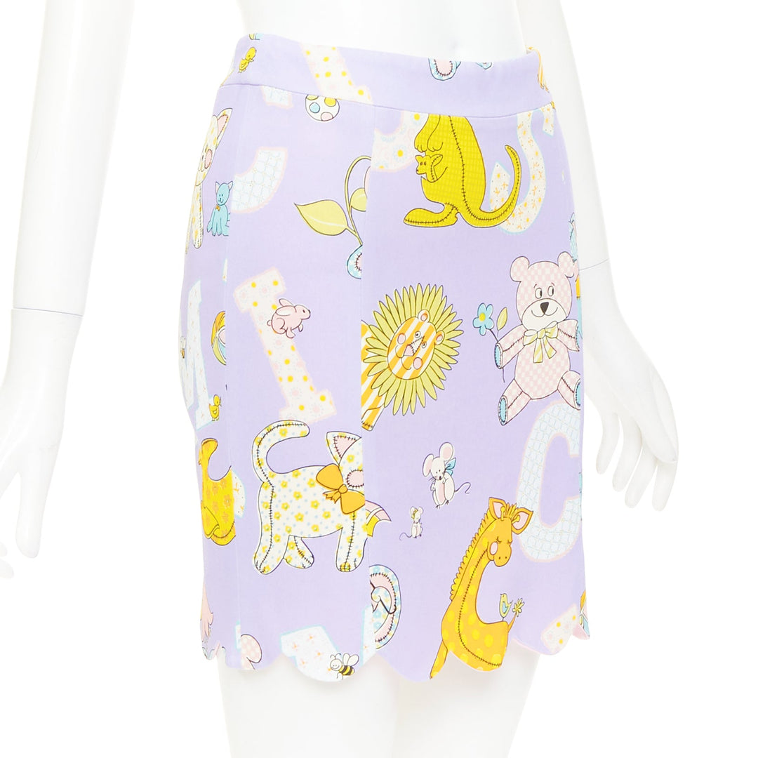 MOSCHINO COUTURE! 2022 Runway Calico Animals purple scallop mini skirt IT42 M