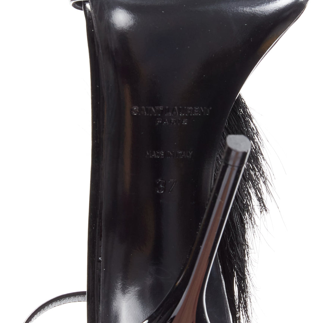 SAINT LAURENT Jamie 110 Runway black fur mohawk patent sandals EU37