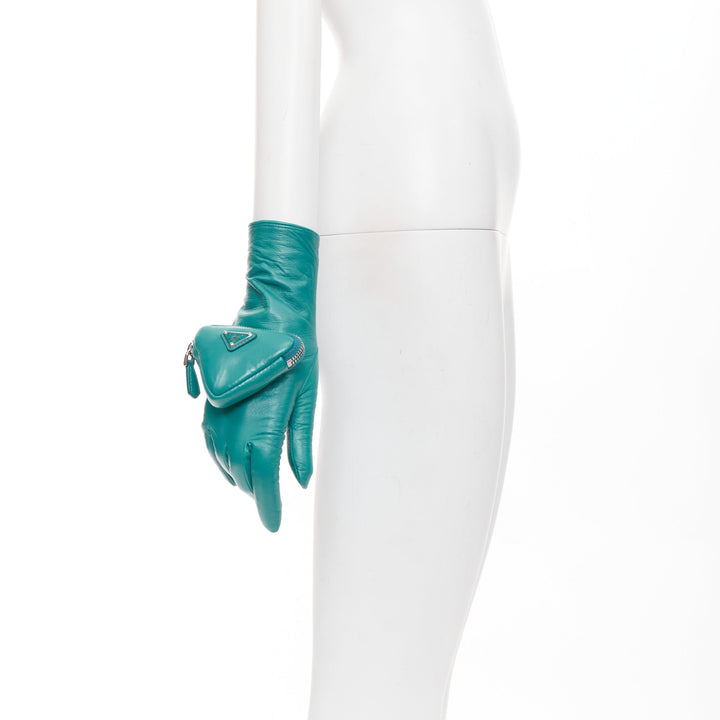 PRADA Raf Simons 2021 Runway teal lambskin leather triangle pouch gloves Sz7
