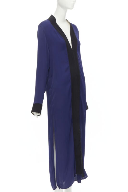 HAIDER ACKERMANN dark blue rayon black silk trimmed long robe jacket FR36 S