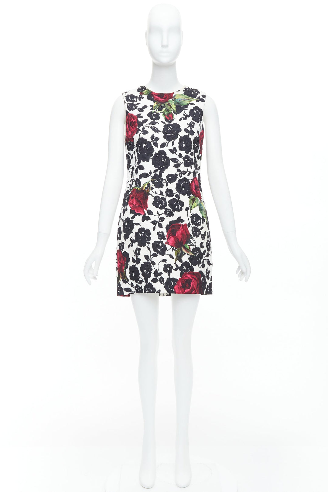 DOLCE GABBANA white red rose floral jacquard crew shift dress IT42 M