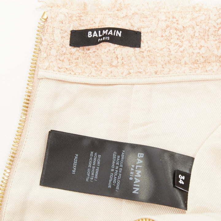BALMAIN 2024 pink fringe lion head button high waist boucle tweed shorts FR34 XS