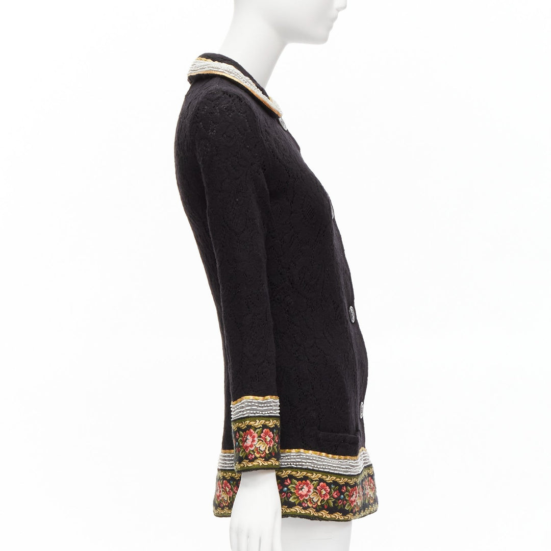 VOYAGE INVEST IN THE ORIGINAL LONDON red green beaded floral black wool coat L