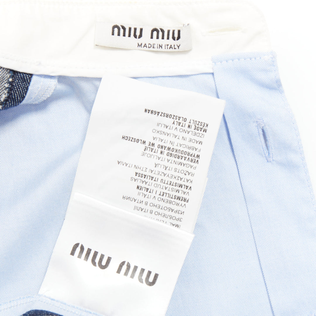 MIU MIU 2015 blue denim patchwork white collar pocket tunic shirt top IT38 XS