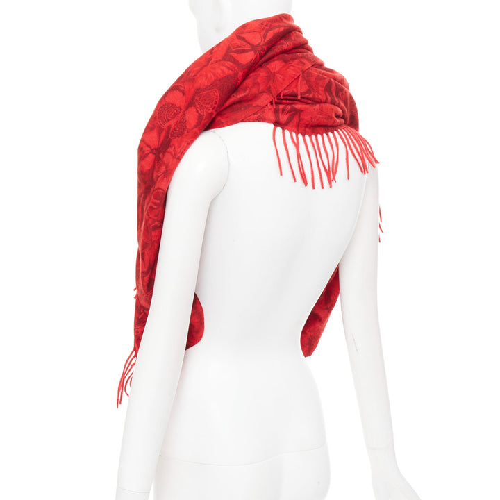 VALENTINO Camubutterfly 100% cashmere red butterfly floral print fringed scarf