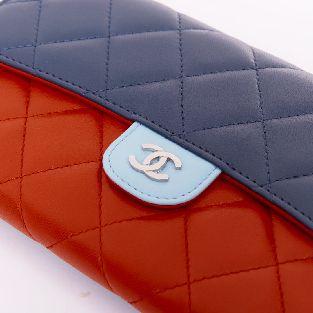 CHANEL red blue cyan tricolor classic quilted lambskin leather CC flap wallet
