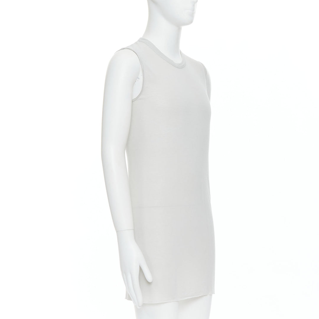 Male mannequin wearing Rick Owens SS 2021 Phlegethon Grey Viscose Men Tank Top in Size  S | Available at JHROP