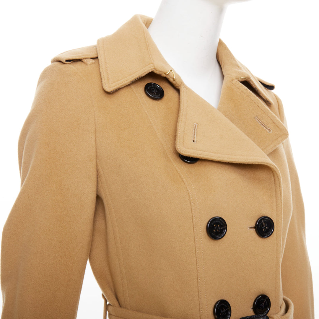 BURBERRY camel wool cashmere black logo buttons classic trench coat UK4 XXS
