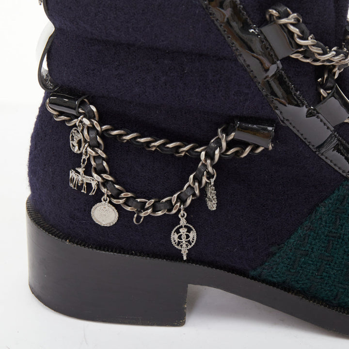 CHANEL 2015 Runway Paris Salzburg blue wool green tweed patent leather boot EU39