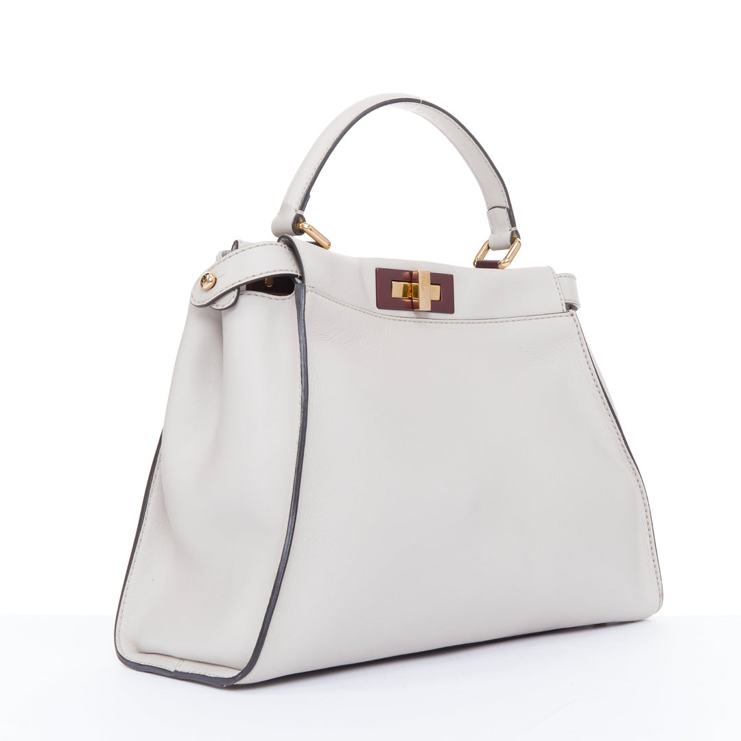 FENDI Peekaboo Medium Selleria Leather taupe grey enamel hardware top handle bag