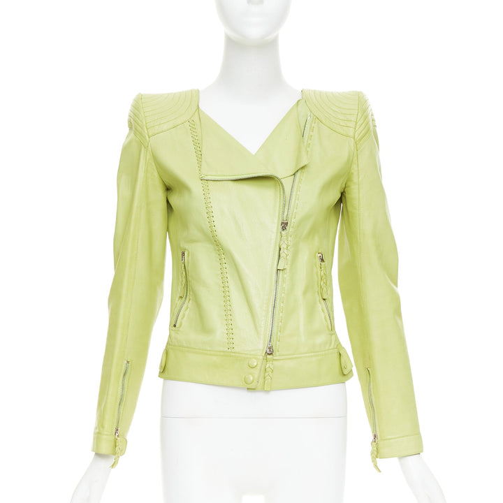ROBERTO CAVALLI lime green leather moto power shoulder biker jacket IT38 XS