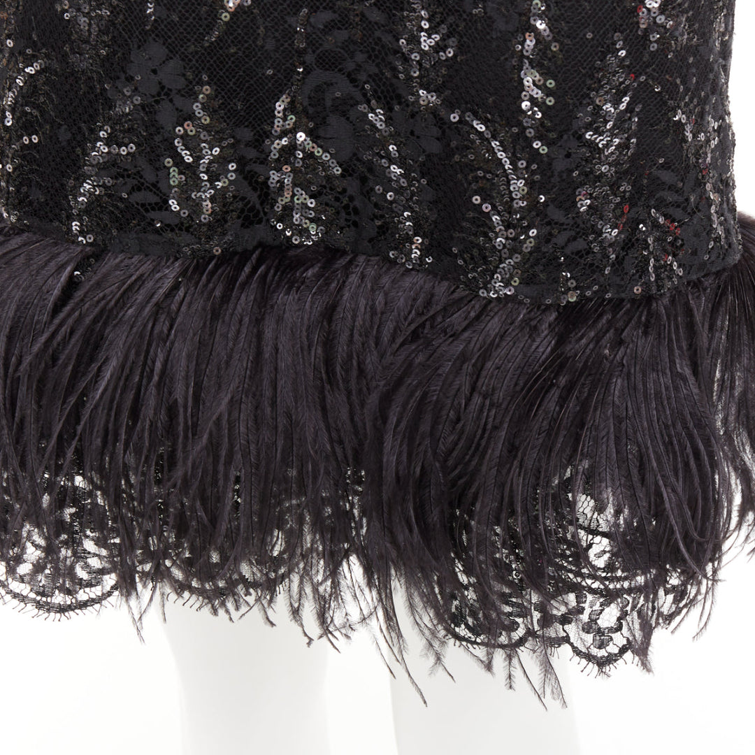 rare PRADA 2014 black sequinned lace ostrich feather strappy mini dress IT38 XS