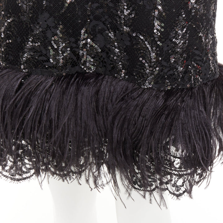 rare PRADA 2014 black sequinned lace ostrich feather strappy mini dress IT38 XS