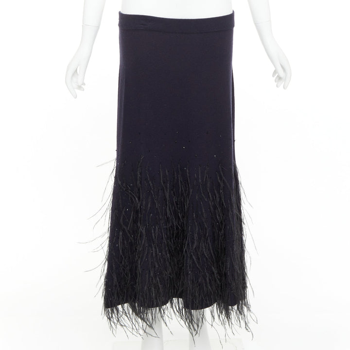 MICHAEL KORS COLLECTION navy knit black ostrich feather sequin embellished skirt