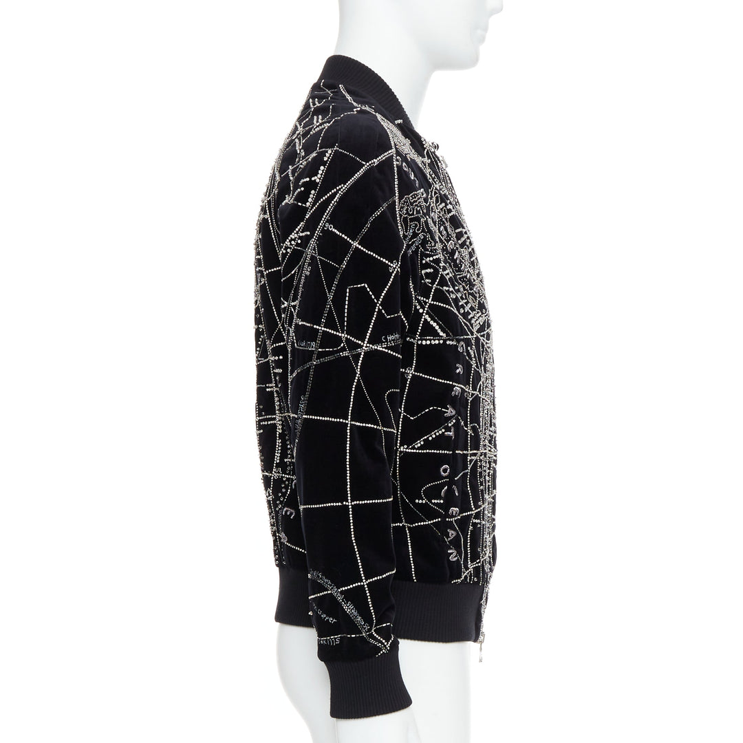 BALMAIN Broderie black map crystal bead embroidery velvet bomber jacket FR48