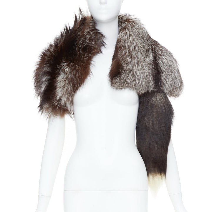 DOLCE GABBANA Volpe Frost silver fox fur tail asymmetry statement shawl capelet
