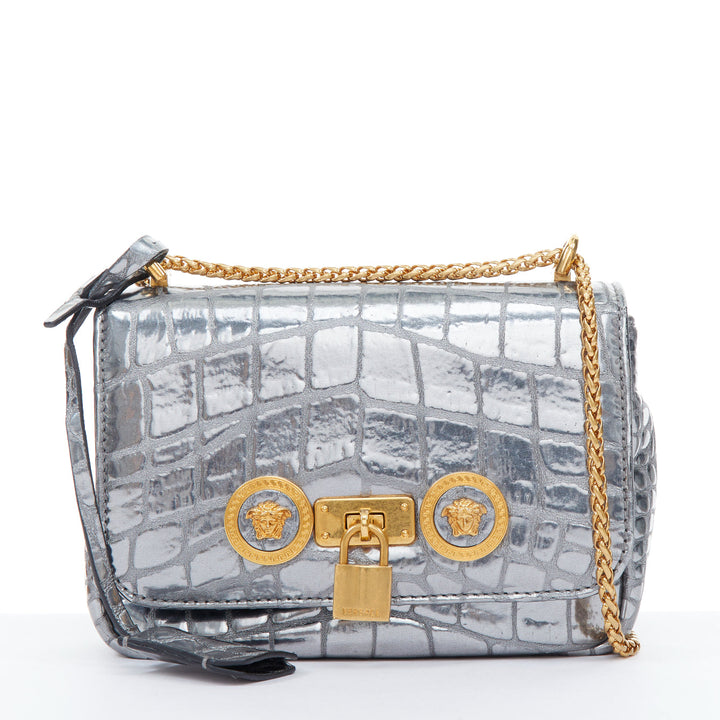 VERSACE 2018 Icon Medusa padlock metallic silver scaled leather crossbody bag