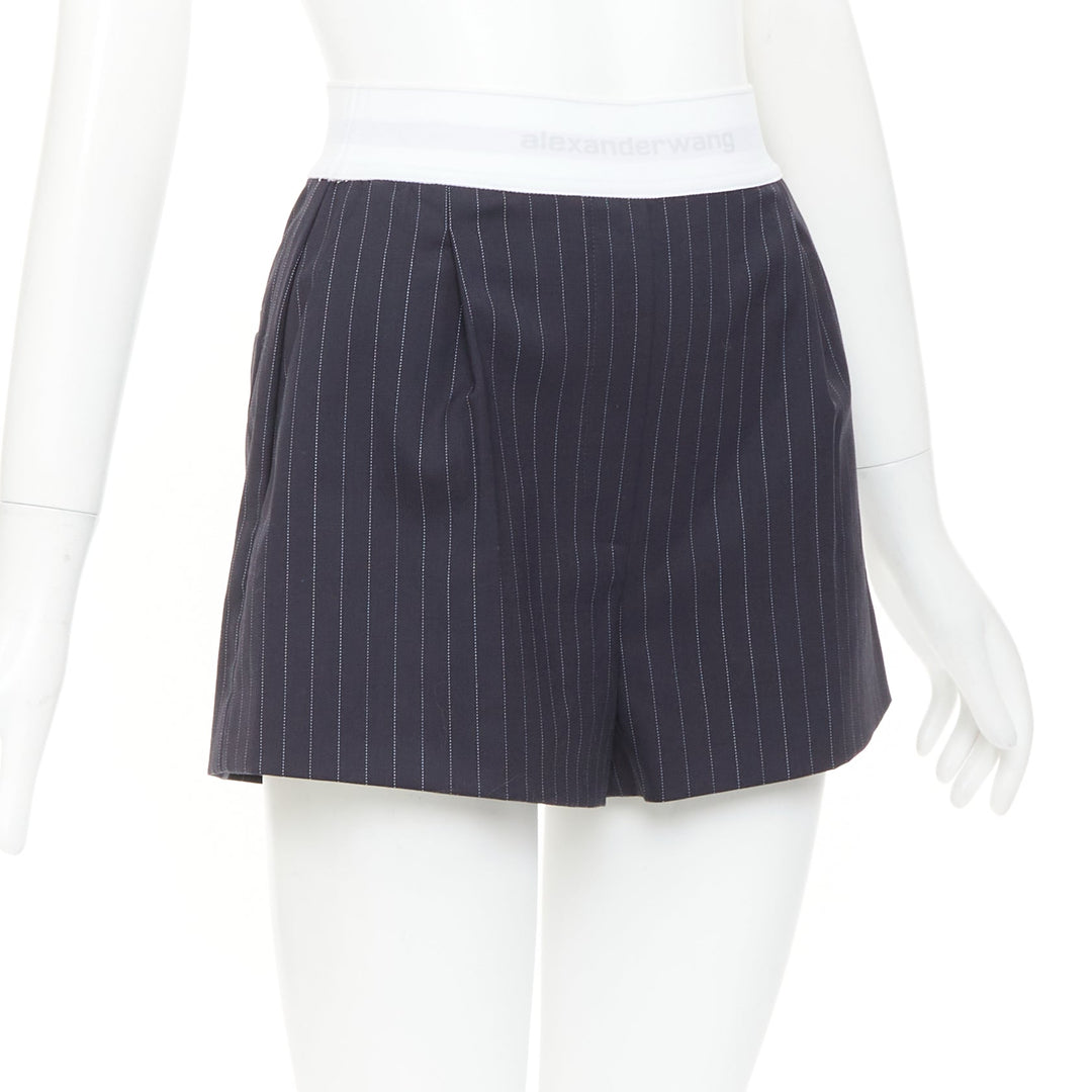 ALEXANDER WANG navy pinstripe white grey logo waistband shorts US0 XS