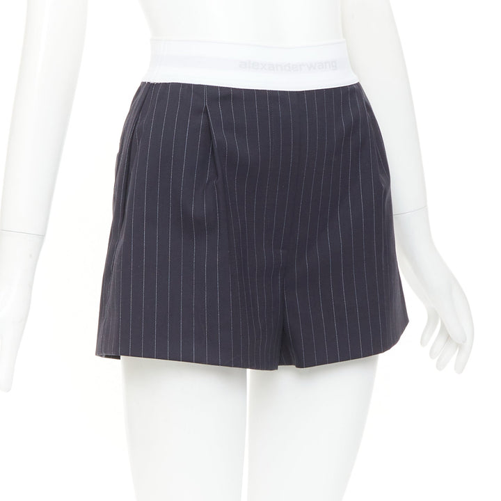 ALEXANDER WANG navy pinstripe white grey logo waistband shorts US0 XS
