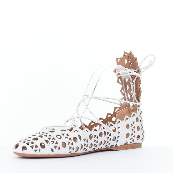 ALAIA Vienne white leather laser cut perforated lace up ballerina flats EU37
